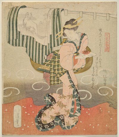 Mujer sosteniendo una copa de sake ante una cortina y un kimono drapeado de Five Sheets for Flower Viewing de Totoya Hokkei