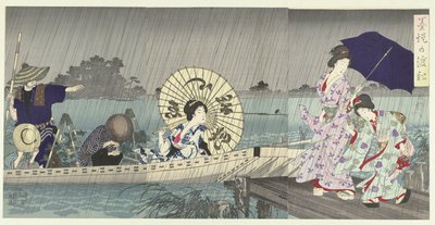 El manantial entre las orillas del Sumida Bokutei no watashibune (título sobre objeto) de Toyohara Chikanobu