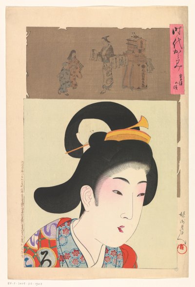 retrato de una mujer y un distribuidor de impresión de Toyohara Chikanobu