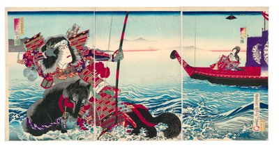 Actores Ichikawa Danjuro IX como Nasu no Yoichi Munetaka y Nakamura Fukusuke IV como Tamamushi Gozen de Toyohara Kunichika