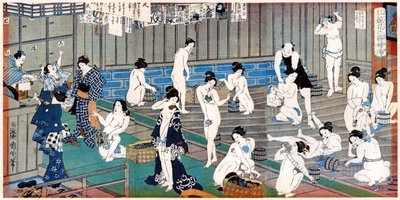 Escena de casa de baños, una impresión de Toyohara Kunichika, siglo XIX de Toyohara Kunichika