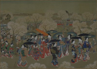Bellezas contemplando los cerezos en flor en el río Sumida de Toyohara Kunichika