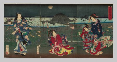 Genji dibujado en diferentes estilos: Vista de la bahía de Akashi (Kakiwake Genji, Akashi ura no kei) de Toyohara Kunichika