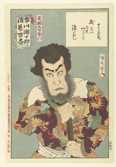 Ichikawa Danjuro IX como Kezori Kyuemon Kezori Kyuemon (título sobre objeto) Honderd rollen van Ichikawa Danjuro IX (título de la serie) Ichikawa Danjuro engei hyakuban (título de serie en objeto) de Toyohara Kunichika