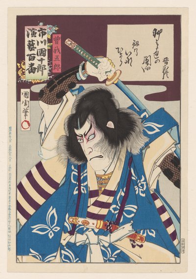Ichikawa Danjuro IX como Soga no Goro Soga no Goro (título sobre objeto) Honderd rollen van Ichikawa Danjuro IX (título de la serie) Ichikawa Danjuro engei hyakuban (título de serie en objeto) de Toyohara Kunichika