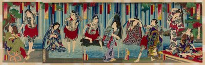 Estrellas de Kabuki ante una cascada graciosa (Arigataki megumi no hanagata) de Toyohara Kunichika