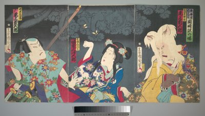 Onoe Kikugorō V als Otowake Neko no ke (Rechts), Bandō Mitsugorō IV als Aishō Michinoku (Mitte), Onoe Kikugorō V als Isogai Mibunosuke (Links) im Kabuki-Stück Tōkai Kidan Nekomata Yashiki de Toyohara Kunichika