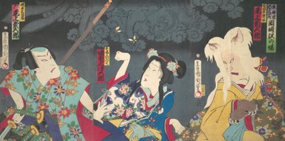 Onoe Kikugoro V como Otowake Neko no ke Derecha, Bando Mitsugoro IV como Aisho Michinoku Cent..., 1870 de Toyohara Kunichika