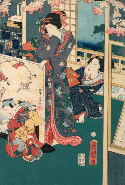 Excursión de primavera en una villa díptico: Mujeres en el interior de Toyohara Kunichika