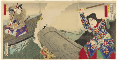 Los actores Nakamura Fukusuke IV como Neiojo e Ichikawa Danjuro IX como Hachiro Tametomo de Toyohara Kunichika