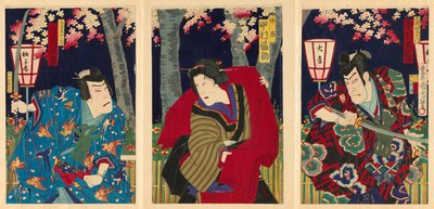 Los actores Nakamura Shikan IV como Fuwa Banzaemon, Nakamura Fukusuke IV como la criada, y Kataoka Gado III como Nagoya Sanzaburo de Toyohara Kunichika