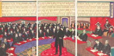 Ilustración de la Cámara de los Comunes de la Dieta Imperial con una lista de todos los miembros de Toyohara Kuniteru