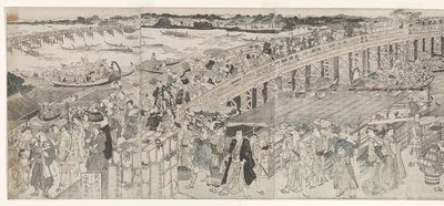 Vista: Disfrutando de la brisa nocturna en el puente de Ryogoku de Toyokuni (II) , Utagawa