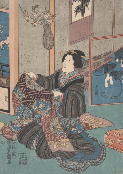 Dama sosteniendo un obi de Utagawa Toyokuni