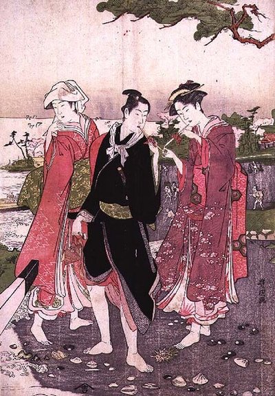 Dos chicas y un joven en una playa, pub. c.1780 de Utagawa Toyokuni