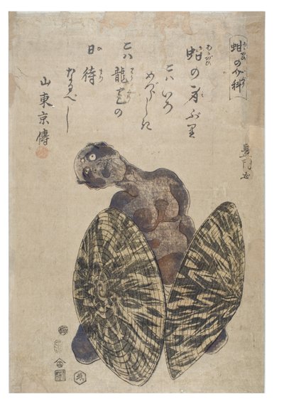 Imitando una concha de arca - Hombre flanqueado por dos sombreros de Toyokuni Utagawa