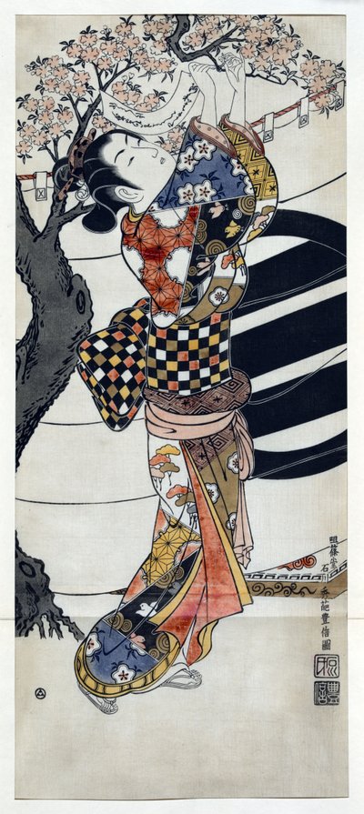 Mujer japonesa con kimono colgando poemas en un cerezo en flor, xilografía japonesa de Ishikawa Toyonobu (1711-1785) c. 1741 de Toyonobu Ishikawa