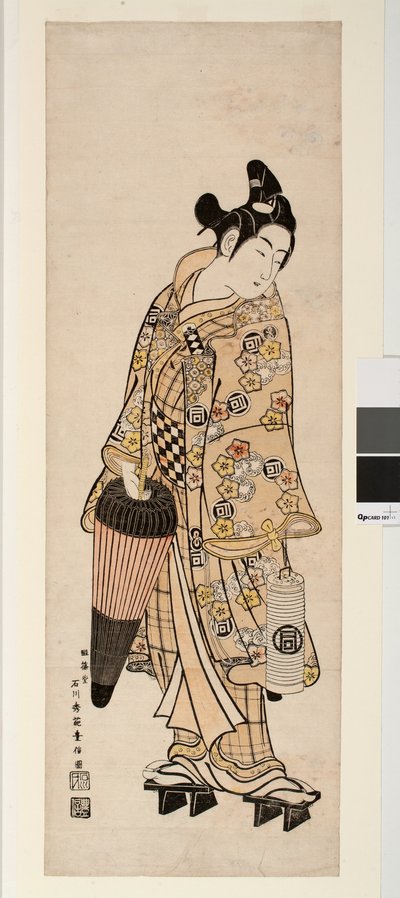 El Actor Sanogawa Ichimatsu Sosteniendo una Linterna y un Paraguas de Toyonobu Ishikawa