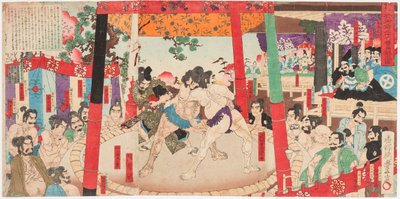 Combat de sumo devant Toyotomi Hideyoshi 1537-1598) et Kato Kiyomasa (1562-1611). Estampe de Utagawa Toyono bu (1859-1886) de Toyonobu Utagawa