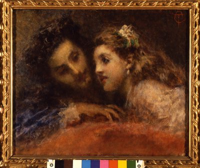 Atracción, un hombre se inclina hacia un niño de manera cómplice y reconfortante. Probablemente sea un padre y su hija (de boca en boca). Pintura de Tranquillo Cremona (1837-1878) Galería de Arte Moderna, Milán de Tranquillo Cremona