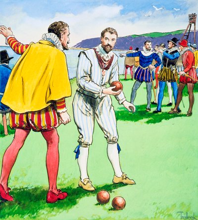 Sir Francis Drake jugando a los bolos en Plymouth Hoe, 1588 c. 1900 de Trelleek