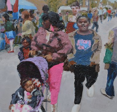 Compras familiares (Deptford, Londres), 2018 (óleo sobre tabla) de Trevor Burgess