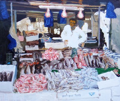 Puesto de pescado (Ridley Road, Londres), 2009 (óleo sobre lienzo) de Trevor Burgess