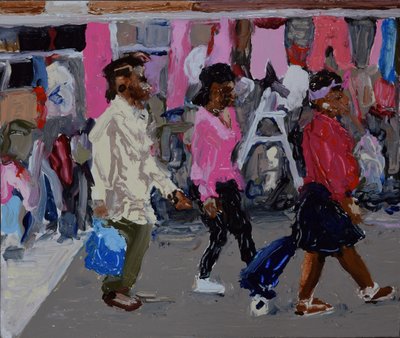Compradores del mercado (Deptford, Londres), 2018 (óleo sobre tabla) de Trevor Burgess