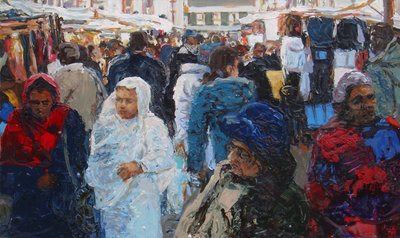 Compradores del mercado (Ridley Road, Londres), 2011 (óleo sobre lienzo) de Trevor Burgess