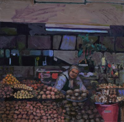 Puesto de patatas (Quito, Ecuador), 2015 (óleo sobre tabla). de Trevor Burgess