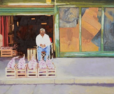 Vendiendo ajos (San Juan, Argentina), 2016 (óleo sobre tabla). de Trevor Burgess