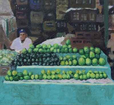 Vendiendo mangos y aguacates (Bogotá, Colombia), 2016 (óleo sobre tabla). de Trevor Burgess