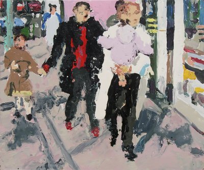 Compradores con niños, 2003 (óleo sobre tabla) de Trevor Burgess