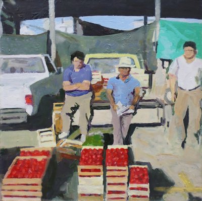 Tres hombres vendiendo tomates (San Juan, Argentina), 2014 (óleo sobre tabla) de Trevor Burgess