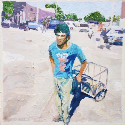 Hombre del tranvía (San Juan, Argentina), 2014 (óleo sobre tabla) de Trevor Burgess