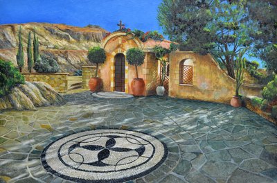 Capilla Lyndos, Rodas, Grecia, 2024 (óleo sobre tabla) de Trevor Neal