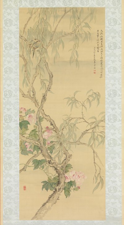 Pequeños Pájaros en una Rama de Sauce y Flores de Hibisco, fechado Otoño de 1850 de Tsubaki Chinzan