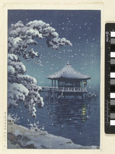 El pabellón flotante en Katada en la nieve. Yuki no Katada Ukimido (título sobre objeto) de Tsuchiya Kōitsu