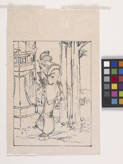 Dibujo de una joven junto a un farol de piedra (tinta sobre papel) de Tsukioka Yoshitoshi