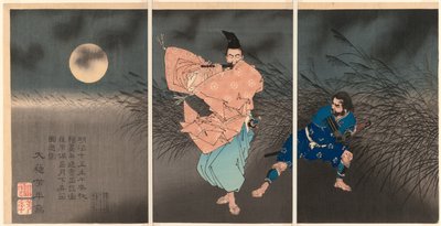 Fujiwara no Yasumasa tocando su flauta a la luz de la luna de Tsukioka Yoshitoshi