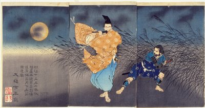 Fujiwara no Yasumasa tocando la flauta a la luz de la luna de Tsukioka Yoshitoshi