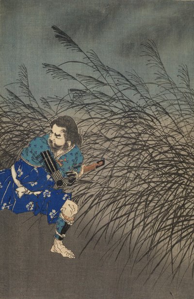 Fujiwara no Yasumasa tocando la flauta a la luz de la luna de Tsukioka Yoshitoshi