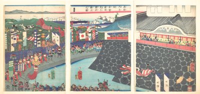 Hideyoshi y sus tropas abandonando el campamento de Nagoya (Mashiba Hideyoshi kō nagoya jin saki te no shoshō kuridashi no zu) de Tsukioka Yoshitoshi