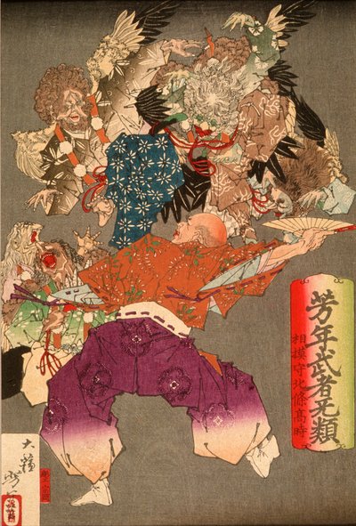 Hōjō Takatoki, señor de Sagami, ahuyentando a los tengu con su abanico de Tsukioka Yoshitoshi