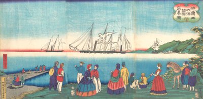 Ilustración de un gran puerto francés comerciando con muchas naciones, 4º mes, 1866 de Tsukioka Yoshitoshi