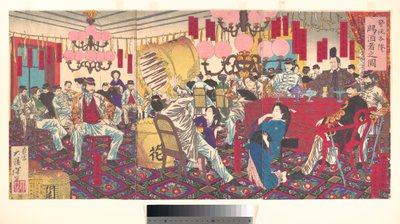 Illustration des Polizeipräsidenten und seiner Männer, die Wein erhalten de Tsukioka Yoshitoshi