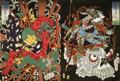 Kintoki dominando a un demonio y guerrero sobre un cráneo, 1868 de Tsukioka Yoshitoshi