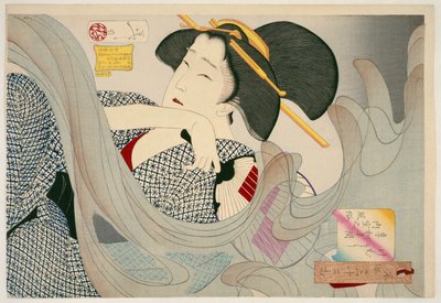 Mirando ahumado. Una ama de casa de la era Kyowa, 1880 de Tsukioka Yoshitoshi