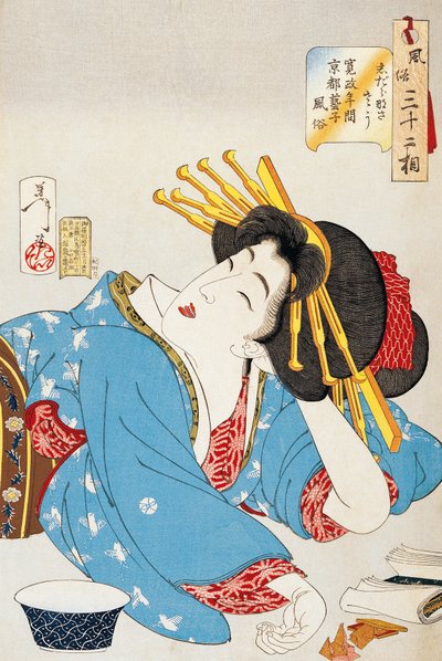 Momento de relajación, rostro de una geisha del período Kansei de Kioto, ilustración de Tsukioka Yoshitoshi de Treinta y dos aspectos de costumbres y modales, xilografía Oban-tate-e, civilización japonesa de Tsukioka Yoshitoshi