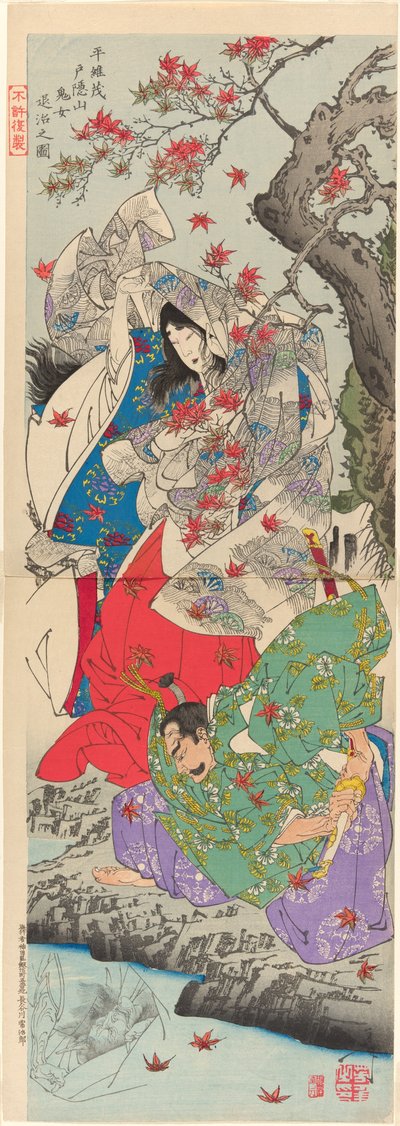 Taira Koremochi conquistando a la mujer demonio en el Monte Togakushi (Taira no Koremochi Togakushiyama kijo taiji no zu) de Tsukioka Yoshitoshi
